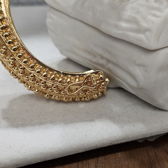 Golden Hinged Domed Cuff Bracelet with Safety Clasp Ornate Heavy - Picture 13 of 16